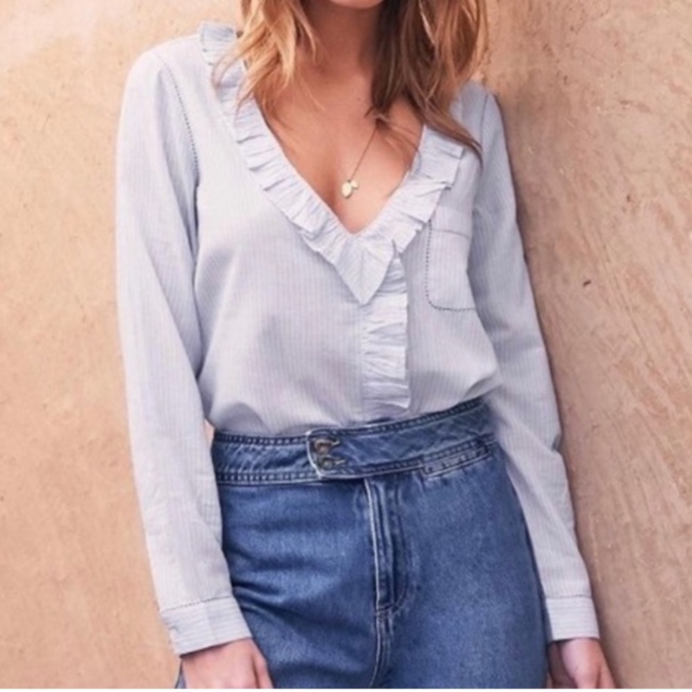 sezane chemise capucine blouse XS blue white stripes v-neck ruffle lightweight